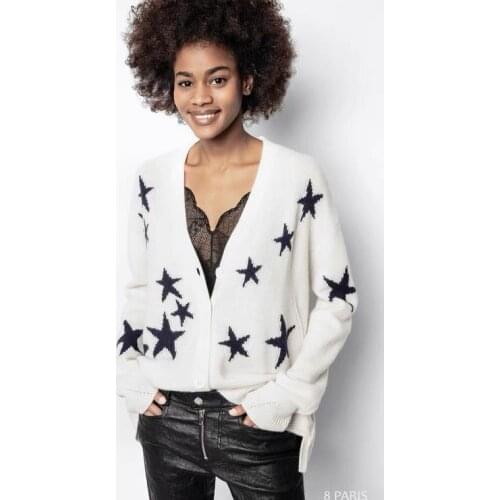2021 Beige Cashmere Cardigan Contrast Stars Embroidered V-neck Front Buttons Long Sleeves 2022 Autumn Winter Sweaters