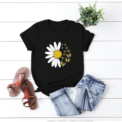 25# Streetwear Shirt Womens Casual Loose Daisy Butterfly Print Oversized Tops Pullover Short-sleeved Blouse Рубашка Женская
