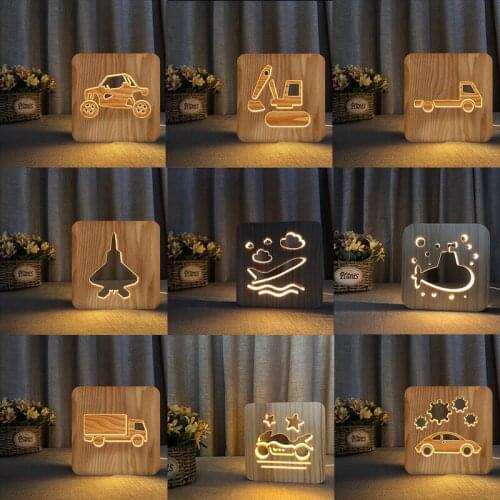 Acecorner LED USB Night Light Wooden Submarine Fighter Car Truck Lamp Novelty Kid Bedroom 3D Decoration Table Lights Child Gift