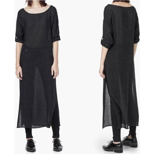 Asymmetrical Side long Slit Draped Boat Neck Silky Ann Original Design Retro Silhouette futuristic Button Sleeve Max Lenght Dres