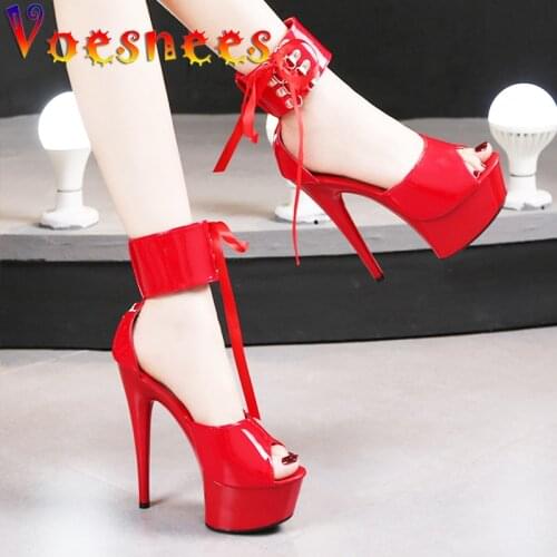 Thin Heels Red Adult Stripper Shoes Womens Summer Sandals Platform Solid Color Ankle Strap Pumps Patent Leather Women Bed Shoes