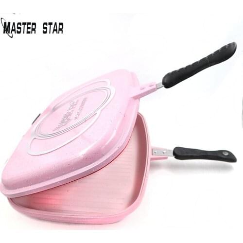 Master Star Famous Brand Design Die-Casting Double Sided Fry Pan 40cm Pink Color Grill Steak Pan High Quality Kitchen Cookware