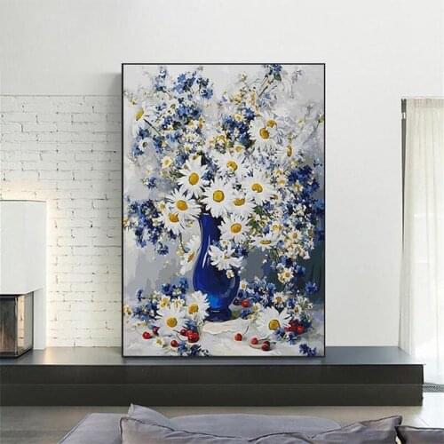 Flower Oil Painting for Living Room Blue White Daisy Poster Nordic Canvas Prints Floral Pictures Frameless Wall Art Decor