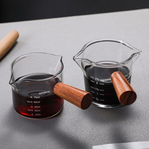 100ml Wooden Handle Double Mouth Coffee Cup Glass Milk Cup with Handle Scale Milk Cup Italian Glass Coffee Measuring Cup