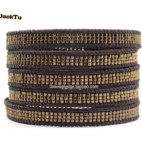 Cool dark grey seed beads leather wrap bracelet