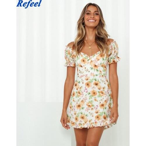 Fashion Beach Women Mini Dress Lining Short Sleeves Chiffon Back Zipper Vintage Floral Print Ruffles Dresses