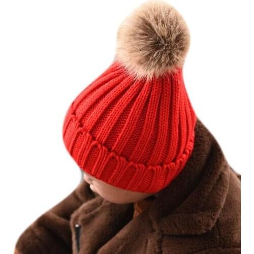 SUOGRY 2019 Fashion Fur Pompom Winter Hats for Kids Warm Knitted Hat Solid Pom Hat Boy Girls Outdoor Skiing Hats, Wool Hats