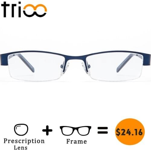 TRIOO Prescription Glasses Men Myopia Reading Eyeglasses Square Metal Semi-Rimless Blue Frames Clear Lens Computer Eyewear Male