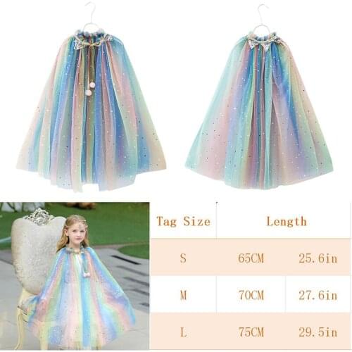 Girls Rainbow Sequins Cape Cloak Costume Drawstring Tulle Sleeping Beauty Halloween Fancy Dress Up Mantle