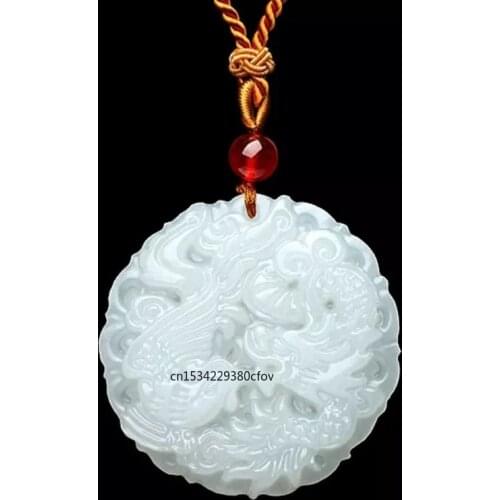 Natural XinJiang White Jade Round Dragon Phoenix Pendant Necklace Stone Lucky Amulet Chain Men Women Amulet Gifts sweater chain