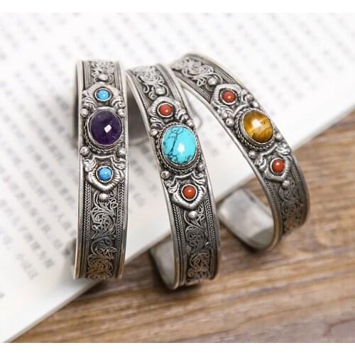 Nepalese Tibetan silk retro Tibetan Silver Bracelet inlaid with turquoise, feldspar, cotton and hemp art accessories