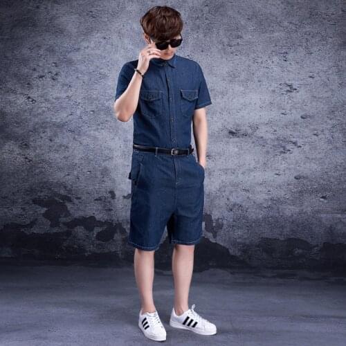 Summer New Plus Size Siamese Denim Men Jumpsuit Denim Suit Siamese Mens Tide Jumpsuit Male Wear Tide Denim Shorts Short Sleeve