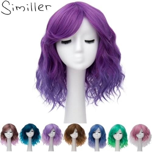 Similler Pixie Cut Synthetic Wigs With Bangs For Women Wig Short Curly Hair Heat Resistant Pink Purple Ombre Two Tones