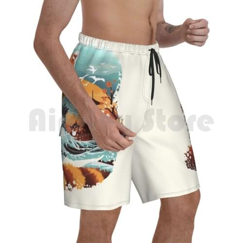Ukiyo E Red Panda Beach Shorts Men Beach Pants Swim Trunks Ukiyoe Japan Japanese Animals Hokusai Waves Vintage Retro