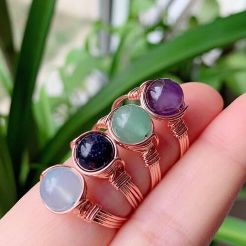Wire Wrapped Crystal Ring for Women Healing Stone Natural Amethysts Blue Agates Pink Quartz Crystal Finger Ring Party Wedding