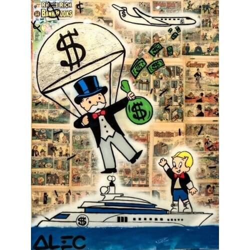 Hand painted Cartoon Oil painting on canvas Alec Pop art old man money dollars Wall Art Picture for living Room home decor