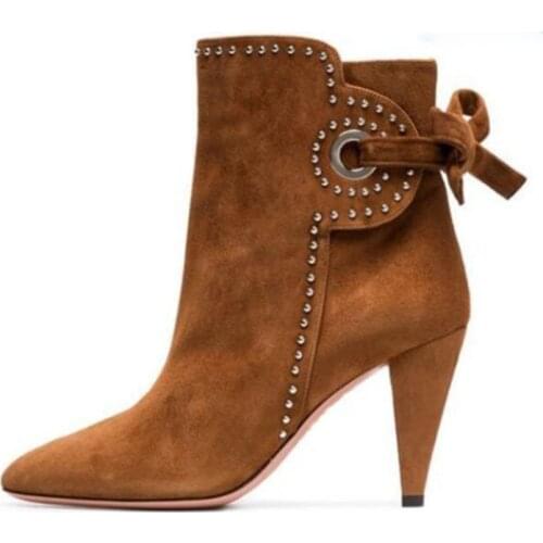 Sexy Spring Metal Rivets Studs Hole Lace Up Bottines Point toe Faux Suede Ankle Boots Spike Heels Martin Boots Shoes Woman