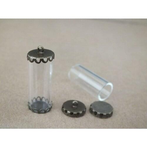 28x12mm Mini Tube shap glass vial with bronze flower cap rice bottle Diy glass jewelry pendant art glass necklace pendant