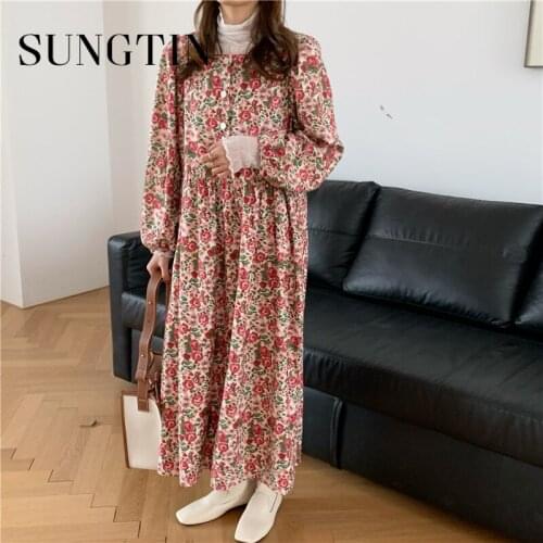 Sungtin Square Collar Female Floral Dress Long Sleeve Loose Slim Waist Puff Sleeve Flower Dress for Women Spring Loose Vestidos