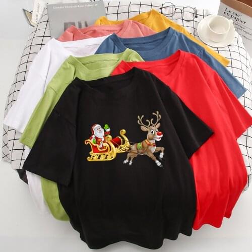 Merry Christmas Beautiful Punk Short sleeve Women T-shirts Santa Claus Reindeer Printing Top Vogue Loose O-neck Plus Size Tshirt