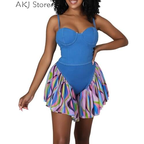 Women Sexy Spaghetti Strap Backless Ruffles Design Patchwork Playsuit Women Casual Sleeveless Rompers