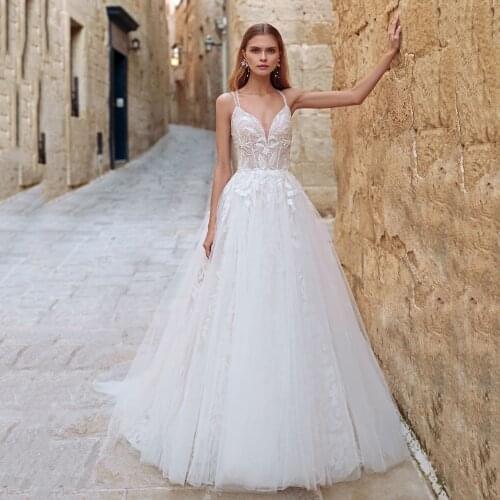 Thinyfull 2020 Elegant Wedding Dresses Spaghetti Straps A Line V Neck Bride Dresses Tulle Sweep Train Zipper Vestidos de novia