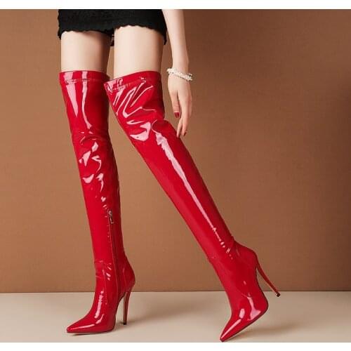 Dovereiss Winter New Fashion Sexy Pointed Toe Red Clear Heels Stilettos Heels Over The Knee High Boots New 44 45