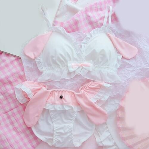 1set Rabbit Ears Decor Cute Girls Underwear Japanese Style Sweet Student Bra Underpant Suit Girl Christmas Gift Hot