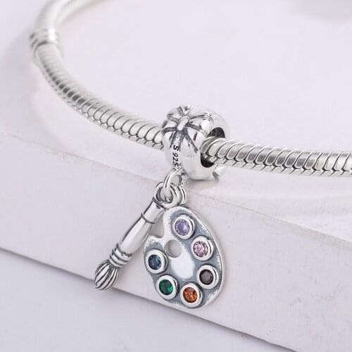 925 Sterling Silver Colourful Cubic Zirconia Artists Palette Pendant Charm Bracelet DIY Jewelry Making For Original Pandora