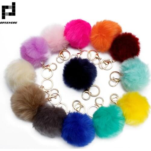BASEHOME Trinket Pompons Keychains Faux Rabbit Fur Keychain Fluffy Key Chains Trinkets Pom Pom Keychain(Gold Color Chain)