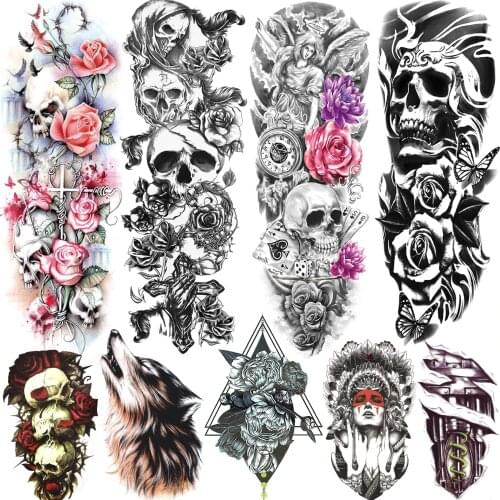 Creative Skull Temporary Sleeve Tattoos For Women Men Full Arm Rose Flower Tattoos Temporary Realistic Fake Wolf Tatoos Decal