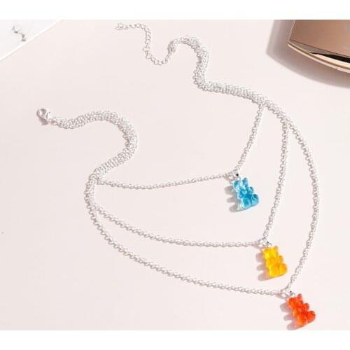 Hot Sale Korean Cute Candy Colors Bear Necklace for Women Girls Multilayer Chain Choker Necklaces Fashion Party Jewelry Gifts