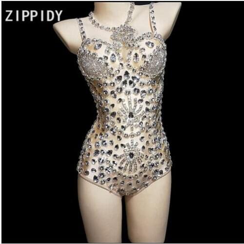 Fashion Shining Silver women Sexy Rhinestones Big Stones Celebrate Evening Outfit Nightclub Women Singer Dancer Show Clothes