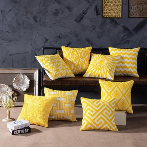 Home Decor Emboridered Cushion Cover Yellow Geometric Canvas Cotton Suqare Embroidery Pillow Cover 45x45cm