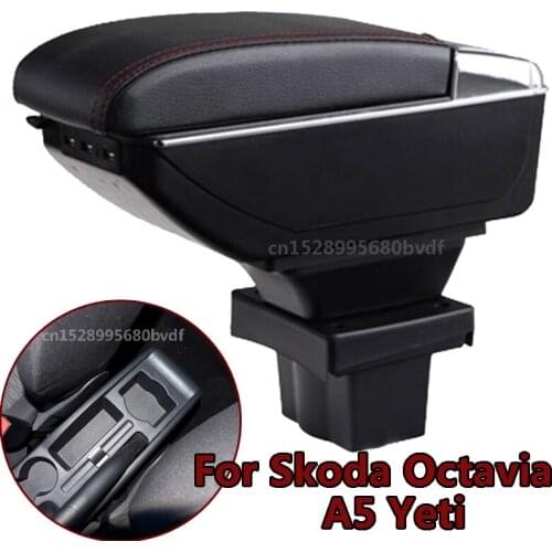 For Skoda Yeti Octavia A5 MK2 2005-2012 Armrest box Dual Layer Rotatable PU Leather Center Console Storage Box Ashtray USB