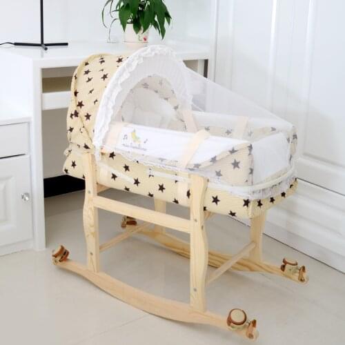 Portable Baby Crib Infant Cradle Bed Sleeping Basket Bed with Mosquito Net Wooden Frame Wheel 0-24month