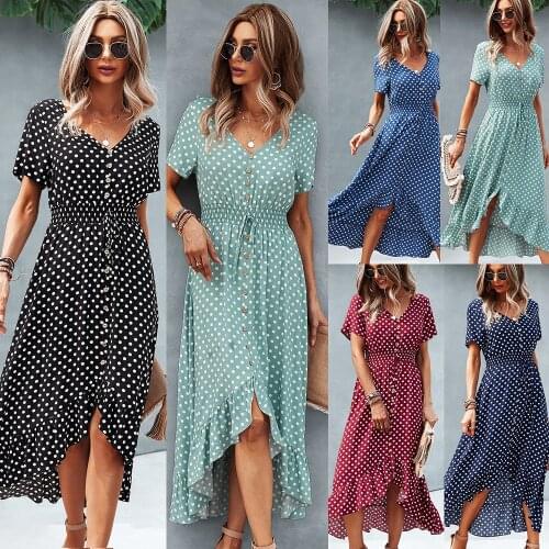 Chic Polka Dot Botton A-line Maxi Dress For Women V Neck Short Sleeve Elegant Ruffles Tunic Long Dresses For Women 2021 Vestidos