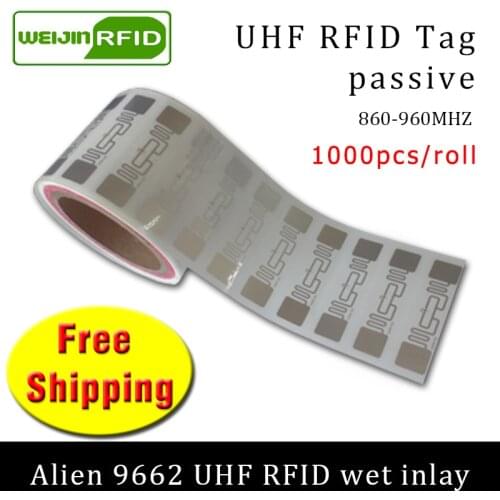 UHF RFID tag sticker Alien 9662 EPC6C wet inlay 915mhz868mhz860-960MHZ Higgs3 1000pcs free shipping adhesive passive RFID label