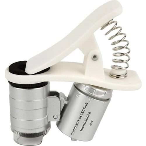 60X Universal Mobile Phone Mini Portable Clip LED Microscope Magnifier Loupe UV Currency Detector Flashlight Silver