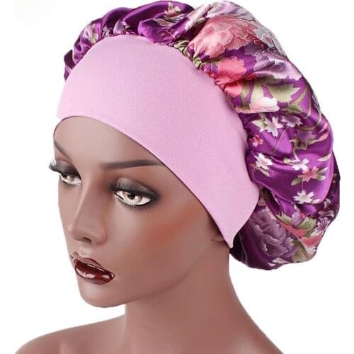 Printing Satin Bonnet For Women Elastic Wide Band Night Sleep Satin Hat Chemo Caps Hair Loss Cover Fashion Head Wrap Hair Care