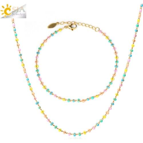 CSJA Gold Color Colorful Jewelry Sets Stainless Steel Bracelet Bracelets for Ladies Fashion 2021 Thin Link Chain Delicate S760