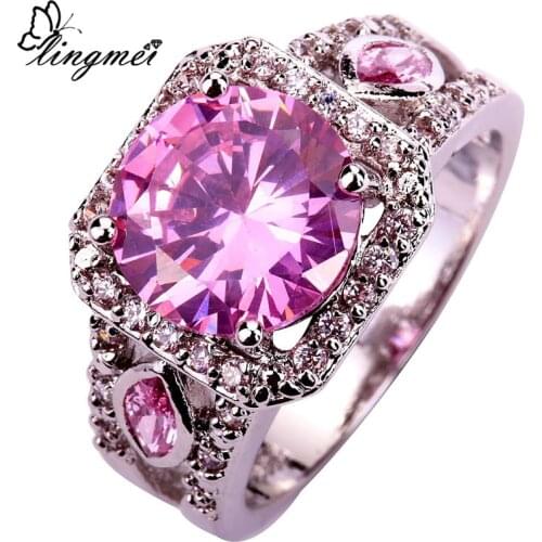 Lingmei Valentines Wholesale Wedding Band Round Cut Pink White Cubic Zircon Silver Color Ring For Women Size 7 8 9 10