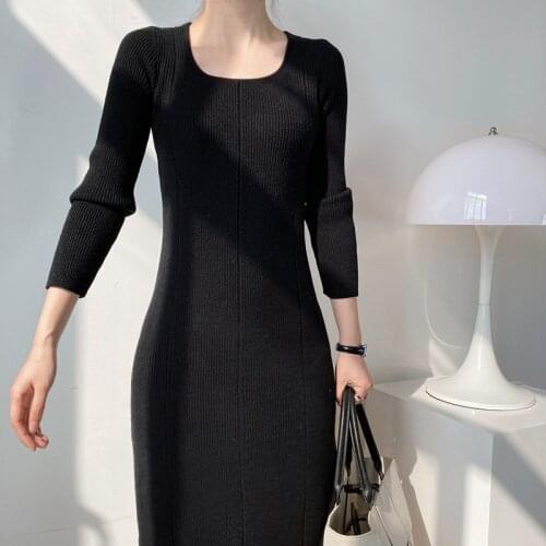 2020 U-neck knitted dress womens autumn and winter show thin light cooked medium length over the knee sweater bottoming skirt