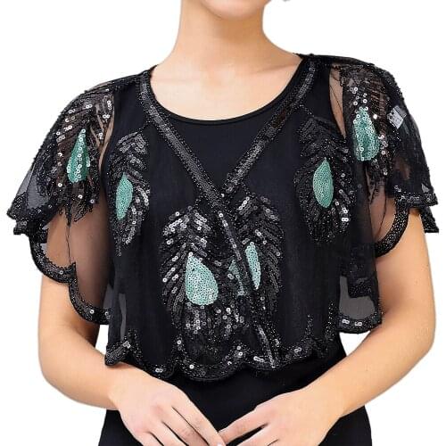1920s Shawl Wraps Leaf Embroidered Sequin Beaded Evening Cape for Party Bridal Shawl Bolero Vintage Women Flapper Cover Up