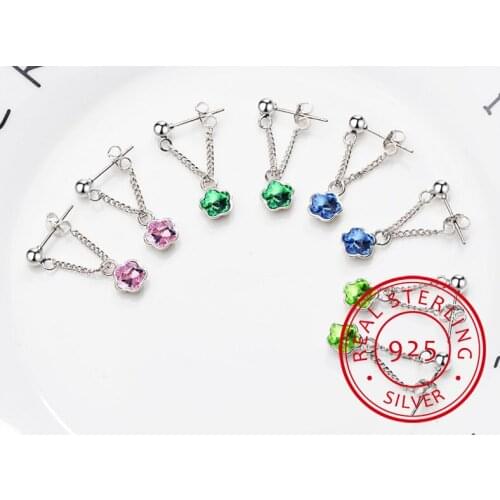 4 Colors Crystal Flower 925 Sterling Silver Tassel Earrings Boucle d'oreille For Women S-E687