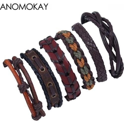 ANOMOKAY 6 PCS/SET Mix Styles Multilayer Leather Braided Bracelets Vintage Punk Style Bracelets for Men Wrap Bangle Party Gifts