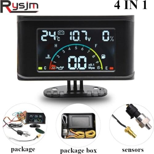 4 In 1 Car LCD Digital Meter Voltmeter+ Oil Pressure+ Oil Fuel Gauge+ Water Temperature Gauges+M10 Sensor With Alarm 12V 24V