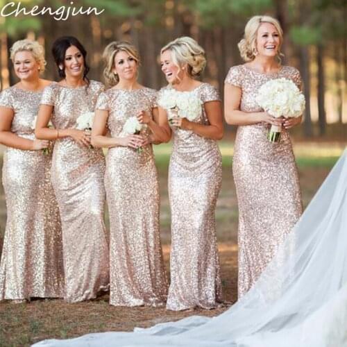 Chengjun Old Fashion Cap Sleeve Champagne Sequin Sheath Long Bridesmaid Dress