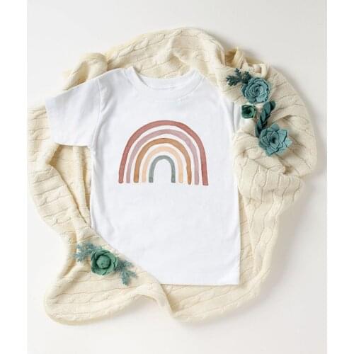Summer Girls Boys T-shirt Rainbow Striped Print O-Neck Cotton Tops Short Sleeve Casual Clothes Kids Children White Sweatershirt