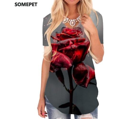 SOMEPET Rose Flower T-shirt women Flame Funny T shirts Creativity V-neck Tshirt Harajuku Tshirts Printed Womens Clothing Summer